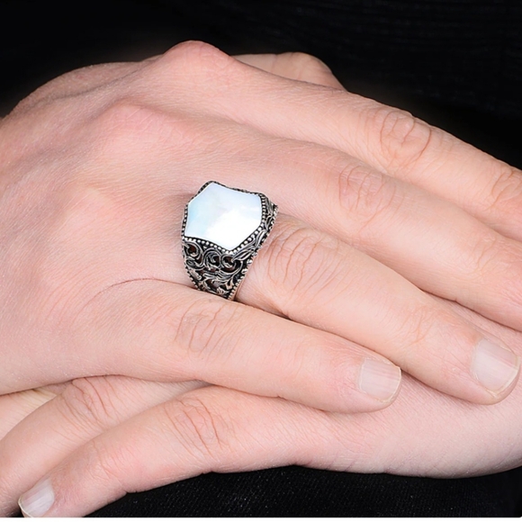 Mens White Mother of Pearl Gemstone Ring 925 Sterling Silver Size 12.5